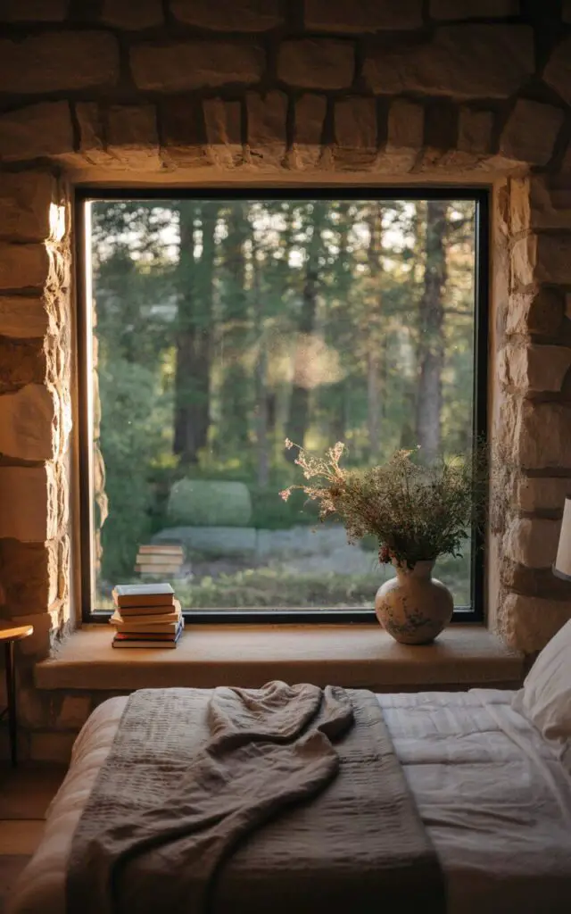A photograph of a cozy bedroom with a large recessed window overlooking a dense forest. The window, deeply set into a thick stone wall, perfectly frames the view, with a stack of weathered books and a ceramic vase filled with wildflowers resting on its deep sill. A plush bed with linen sheets and a hand-dyed quilt sits centered before the window, inviting a sense of calm, while warm sunlight streams through the glass, illuminating dust motes dancing in the air. The stone walls and natural wood floor ground the space, creating a secluded and tranquil retreat.