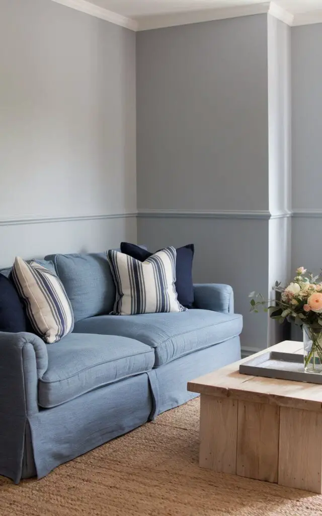 A photo of a relaxed, casual-chic blue and grey living room with a cozy denim-inspired sofa. The sofa is placed near the pale grey walls and a jute area rug. There's a plain natural wood coffee table holding a vase of flowers nearby. The room has throw pillows in navy, chambray, and white stripes. The overall space has a laid-back vibe while still looking polished.