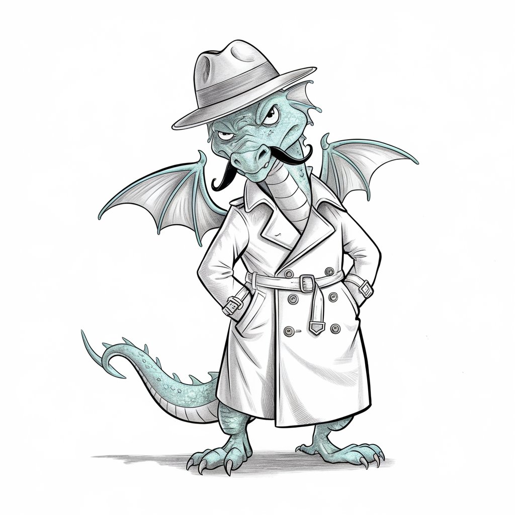 A pencil drawing illustration of a dragon wearing a trench coat and fedora, standing on two legs. The dragon's wings and tail are awkwardly hidden under the coat. The dragon's snout is sticking out from beneath the hat's brim, and its eyes glance nervously sideways. There is a suspicious mustache glued to the dragon's face. The background is plain white. The overall pose is stiff and funny, with clean outlines and humorous simplicity adding to the charm.