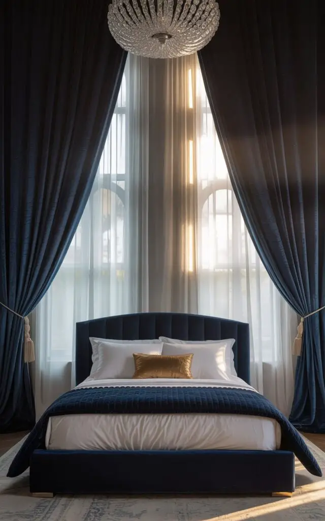 A photograph of a luxurious bedroom dominated by a tall, arched window dramatically draped with floor-to-ceiling navy velvet curtains, slightly parted to reveal soft, white inner panels. In front of the window sits a plush bed featuring a deep navy velvet frame, layered with crisp white linens and a luxurious, quilted navy throw, accented by a single metallic gold throw pillow. Sunlight streams through the sheer curtains, illuminating the rich texture of the velvet and highlighting a sparkling glass chandelier suspended from the ceiling, creating a sense of opulent tranquility within the space. The room is softly lit with a warm glow, enhancing the intimate ambiance.