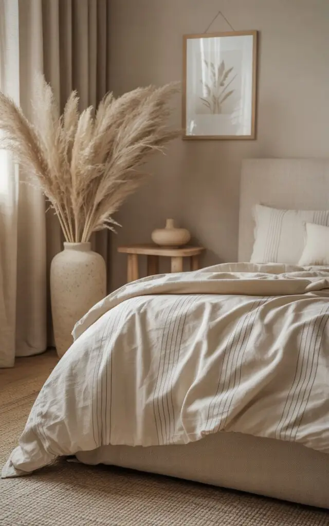 A photograph of a serene beige bedroom centered around a plush bed with cream and flax linens featuring subtle vertical stripes. Beside the bed rests a tall, handmade ceramic vase filled with airy, flowing pampas grass, subtly catching the soft morning light. The room is characterized by natural textures, soft wooden furniture, and minimalist wall art, with a single framed print of a botanical illustration hanging above a small wooden bedside table. Gentle, diffused light streams in from a window, highlighting the room's relaxed, nature-inspired aesthetic.