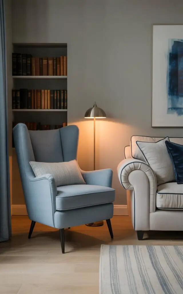 A photograph of a cozy living room bathed in soft natural light, with a dusty blue accent chair as the focal point. The chair, upholstered in a textured fabric, is angled in a corner, resting beside a small bookshelf filled with leather-bound volumes and a slender metallic floor lamp casting a warm glow. Behind the chair, a dove grey wall showcases a blue-toned abstract art piece, while a light grey chenille sofa with navy piping and plush throws sits opposite, grounded by a pale oak floor and a subtly striped blue and grey rug. The overall atmosphere is one of quiet sophistication and inviting comfort.
