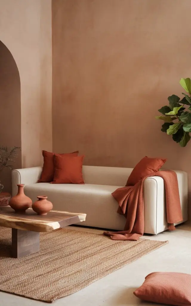 A photo of a beige living room with earthy accent colors. There's a soft beige sofa in the center, flanked by rust-colored pillows and a warm ochre throw. Clay-colored pottery sits on a walnut coffee table. The walls are a clean beige. A jute rug is on the floor, and a potted fig tree adds a fresh, organic touch. The room has a harmonious, grounded, and thoughtfully layered mood.