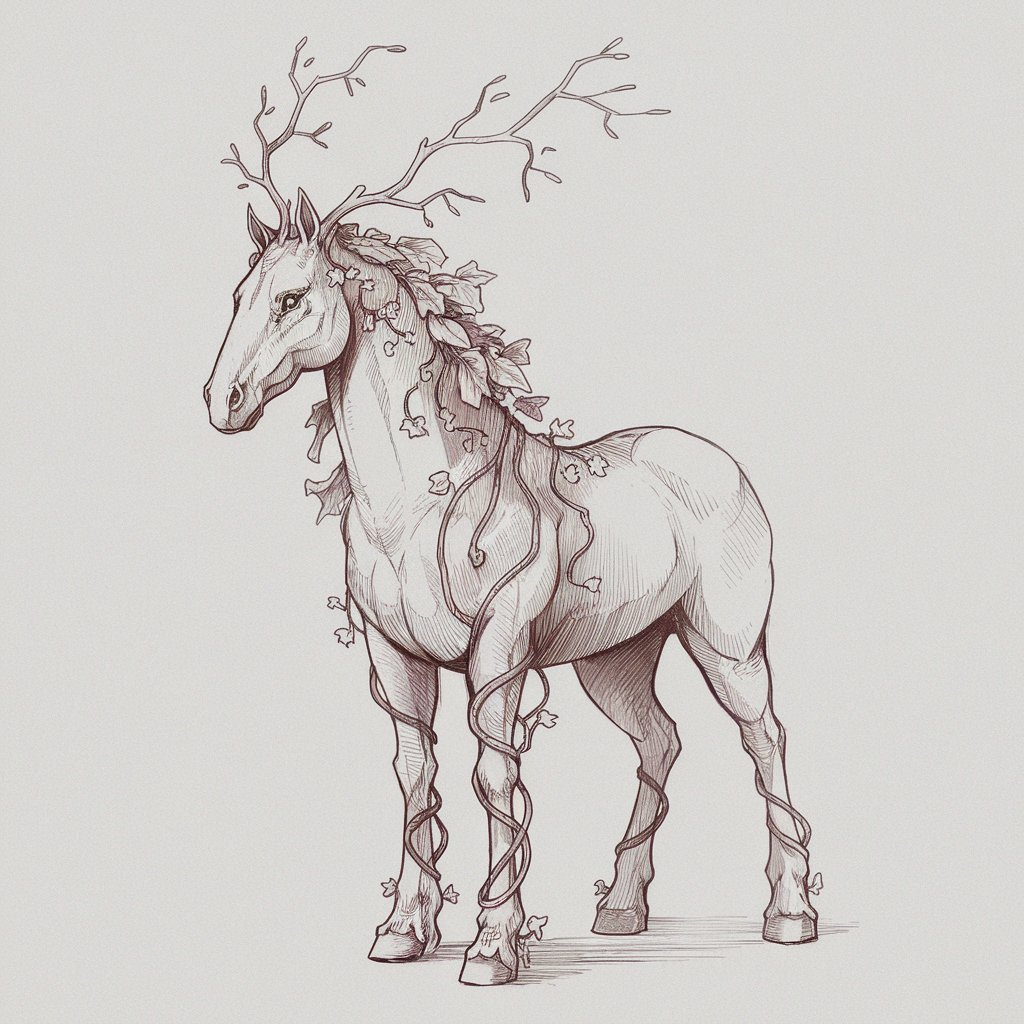 A pencil drawing of a horse with forest elements. The horse has vines-like textures wrapping around its legs and shoulders, and its mane flows like ivy with small leaf shapes nestled throughout. The horse's eyes are calm and ancient, shaded with a soft intensity. Antler-like branches emerge from its head, each line kept clean and delicate. The figure stands tall and centered against a plain white background.