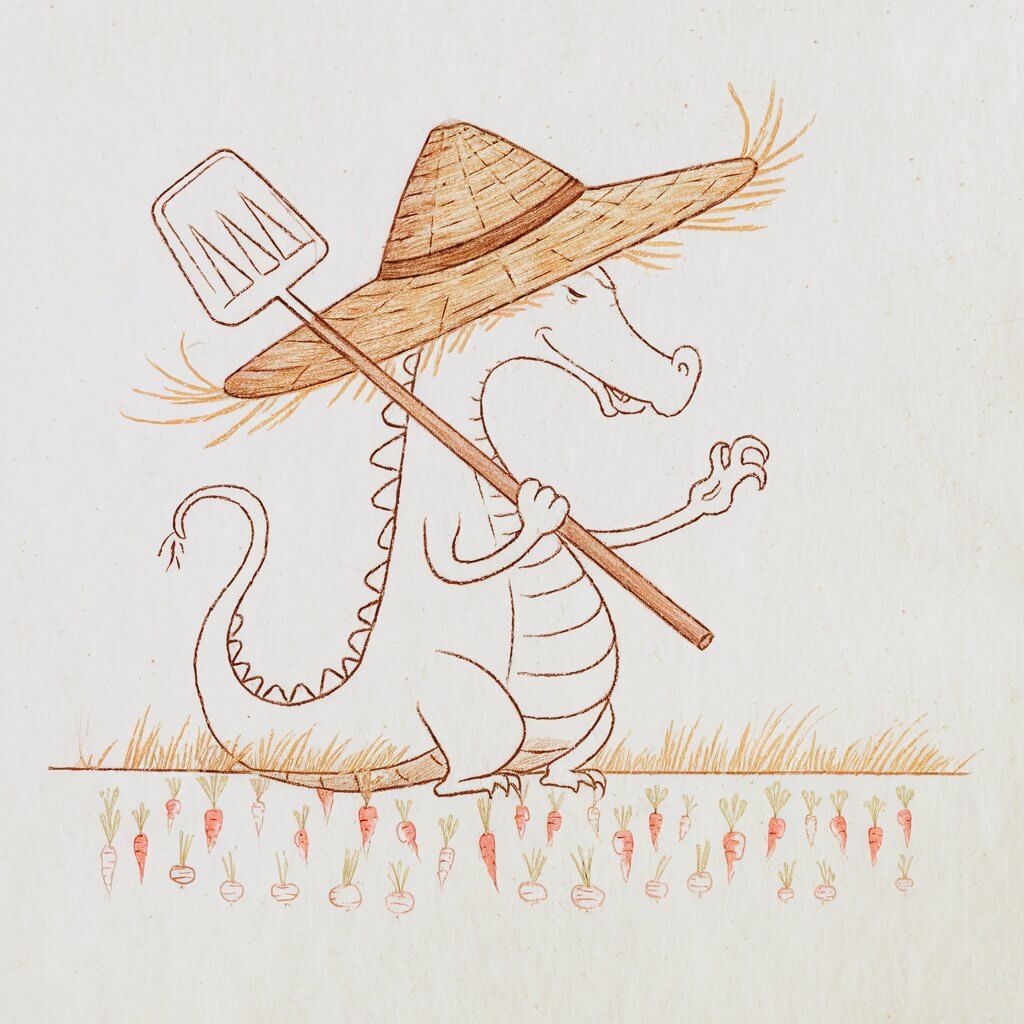 A minimalist, plain white background pencil drawing illustration of a dragon wearing a straw hat and holding a hoe over its shoulder. The dragon is drawn in a simplistic style, its posture relaxed and welcoming. A tiny vegetable patch lies beneath it, lightly sketched with carrots and turnips poking out of the ground. Its tail curls like a garden hose, and one claw is raised in a friendly wave. The straw texture is suggested with quick, fine lines, giving this pastoral piece a grounded, homey feel.