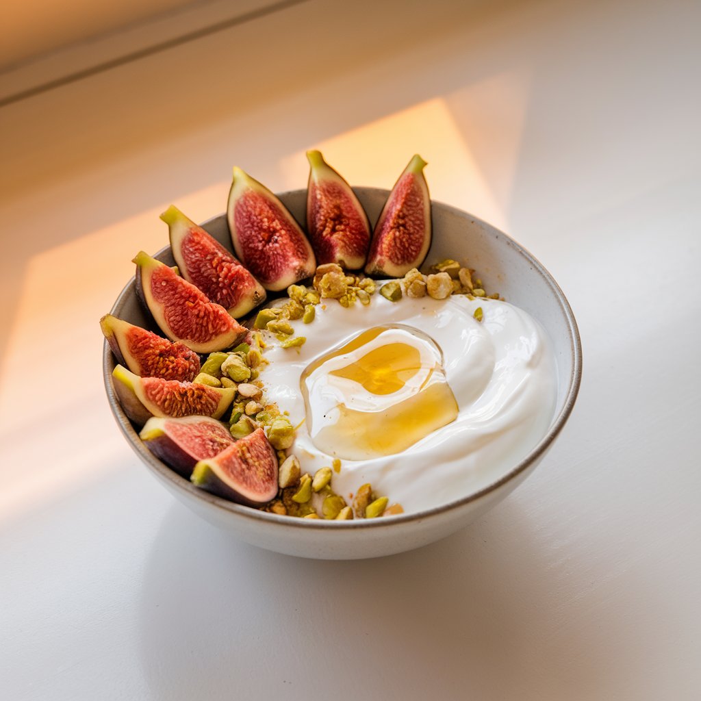 A photo of a yogurt bowl on a white kitchen countertop. The bowl contains thick plain Greek yogurt, halved fresh figs arranged in a fan, crushed pistachios, and a generous drizzle of golden honey pooling gently in the center. The figs have visible pink flesh and tiny seeds. The yogurt bowl is placed on a bright plain white kitchen countertop, where warm natural light highlights the honey's sheen and the subtle textures of the fig and nut topping.