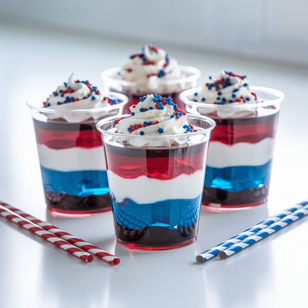 A photo of a clear plastic cup with three distinct layers of red, white, and blue gelatin. Each layer is topped with a swirl of whipped cream and a generous sprinkle of star-shaped confetti sprinkles. The gelatin layers are perfectly separated, smooth, and vibrant. The cups are placed on a bright plain white kitchen countertop. Red and blue paper straws lie beside the cups. The soft natural light illuminates the cups from the back, enhancing the transparency and jewel-tones of the gelatin.