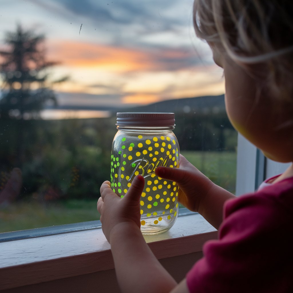 A photo of a child holding a mason jar painted with glowing yellow and green dots. The jar is placed on a windowsill. The background is a serene landscape with trees, hills, and a body of water. The sky has a mix of orange, pink, and blue hues. The overall image has a warm and tranquil atmosphere.