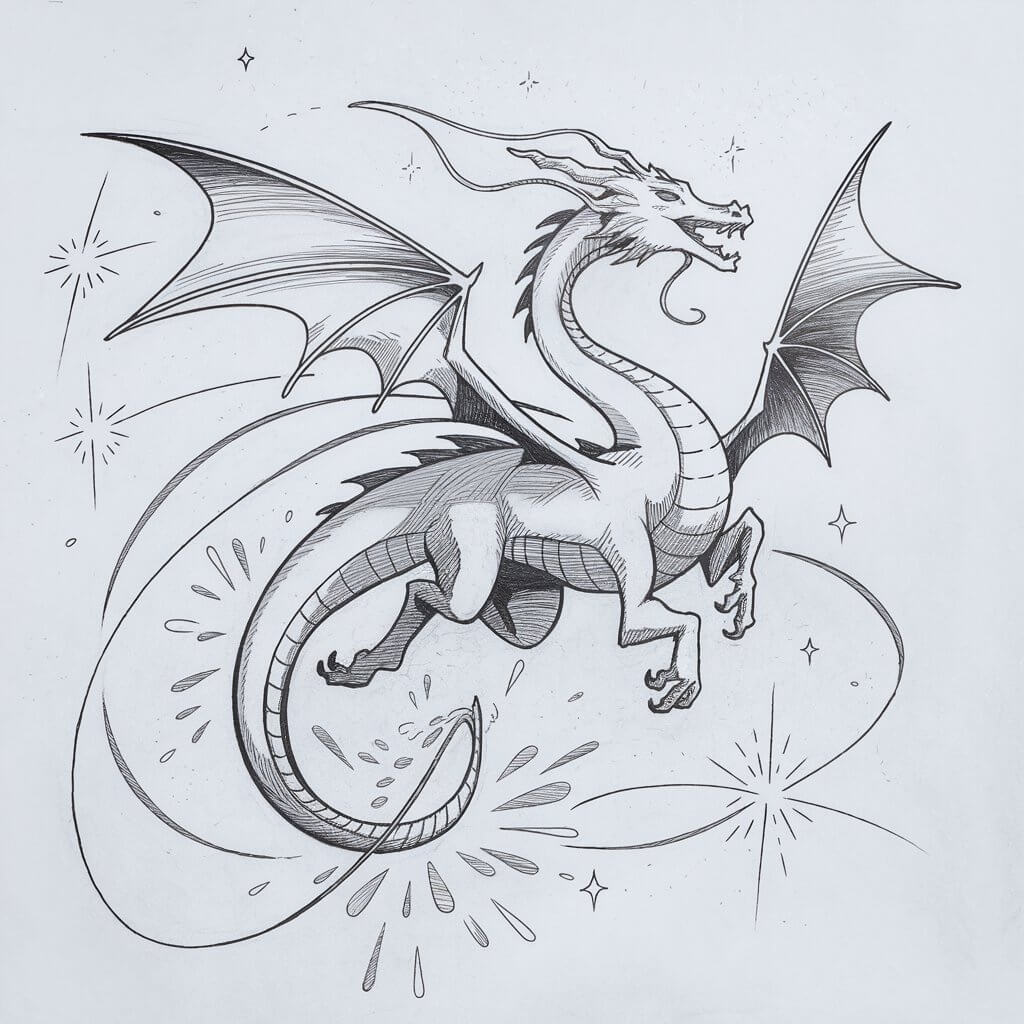 A pencil drawing of a dragon in flight with a minimalist style. The dragon has a streamlined and energetic body, with its tail surrounded by tiny explosion shapes. The wings are caught mid-flap, and the head is thrown back in a celebratory roar. There are trails of light and sparkle lines bursting from behind the dragon. The background is plain white.