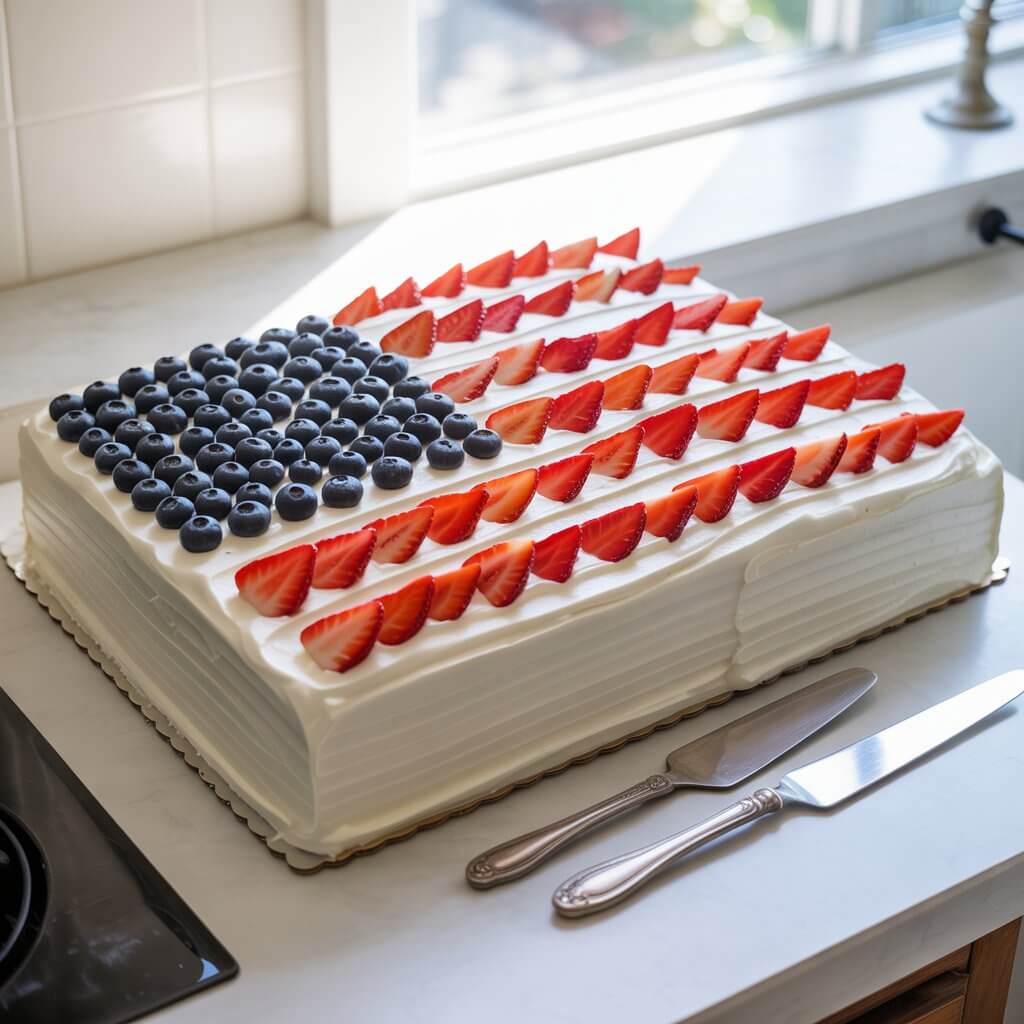 A photograph showcases a large sheet cake meticulously decorated as the American flag, placed on a bright white kitchen countertop. The cake is frosted with a thick layer of pristine white whipped topping, adorned with precise rows of vibrant red sliced strawberries forming the stripes and a dense field of juicy blueberries creating the stars within "The American Flag". Soft, diffused sunlight from a nearby window illuminates the scene, accentuating the freshness of the fruit and the texture of the frosting, while a gleaming silver cake server and knife rest casually nearby. The clean, uncluttered background focuses attention on the patriotic dessert, creating a visually appealing and celebratory image.