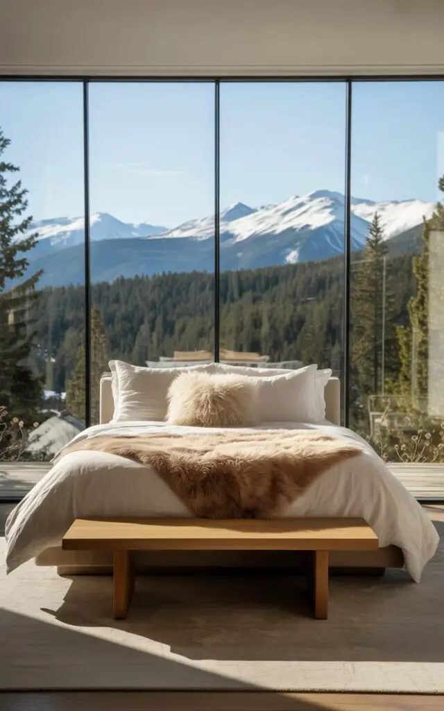 A photograph of a serene bedroom dominated by a full wall of floor-to-ceiling glass showcasing a breathtaking panorama of snow-capped mountains and dense pine forests. A low-profile platform bed, draped in crisp ivory linens, a plush faux fur throw, and oversized fluffy pillows, sits centered before the expansive window, inviting a sense of peaceful luxury. The warm morning sunlight streams through the glass, casting long shadows across a neutral-toned rug and highlighting a sleek teak wood bench at the foot of the bed, completing a minimalist and calming scene. Subtle, barely visible black frames divide the glass panels, allowing for a seamless view and bathing the room in a soft, natural glow.