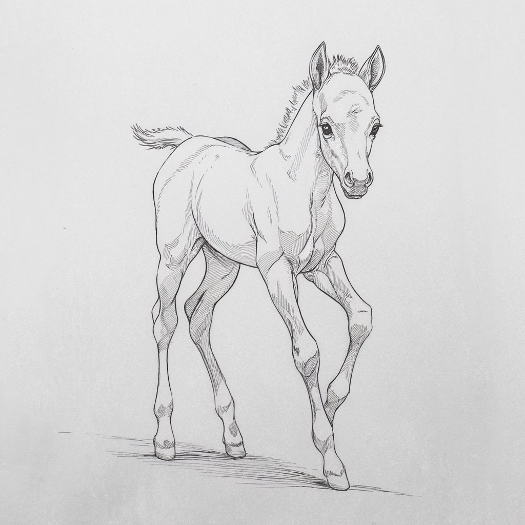 A minimalist pencil drawing of a young horse (foal) taking its first tentative steps. The foal has a slightly oversized head, long thin legs, and a wide-eyed, curious expression. The linework is delicate and slightly curved, capturing the softness of youth. The foal's ears are small and upright, and the short, fluffy mane is suggested with brief, upward pencil flicks. The body leans slightly forward, one leg extended, conveying hesitation and movement. Shading is minimal, focusing on joint creases and light texture along the spine. The drawing is set against a clean, plain white background.