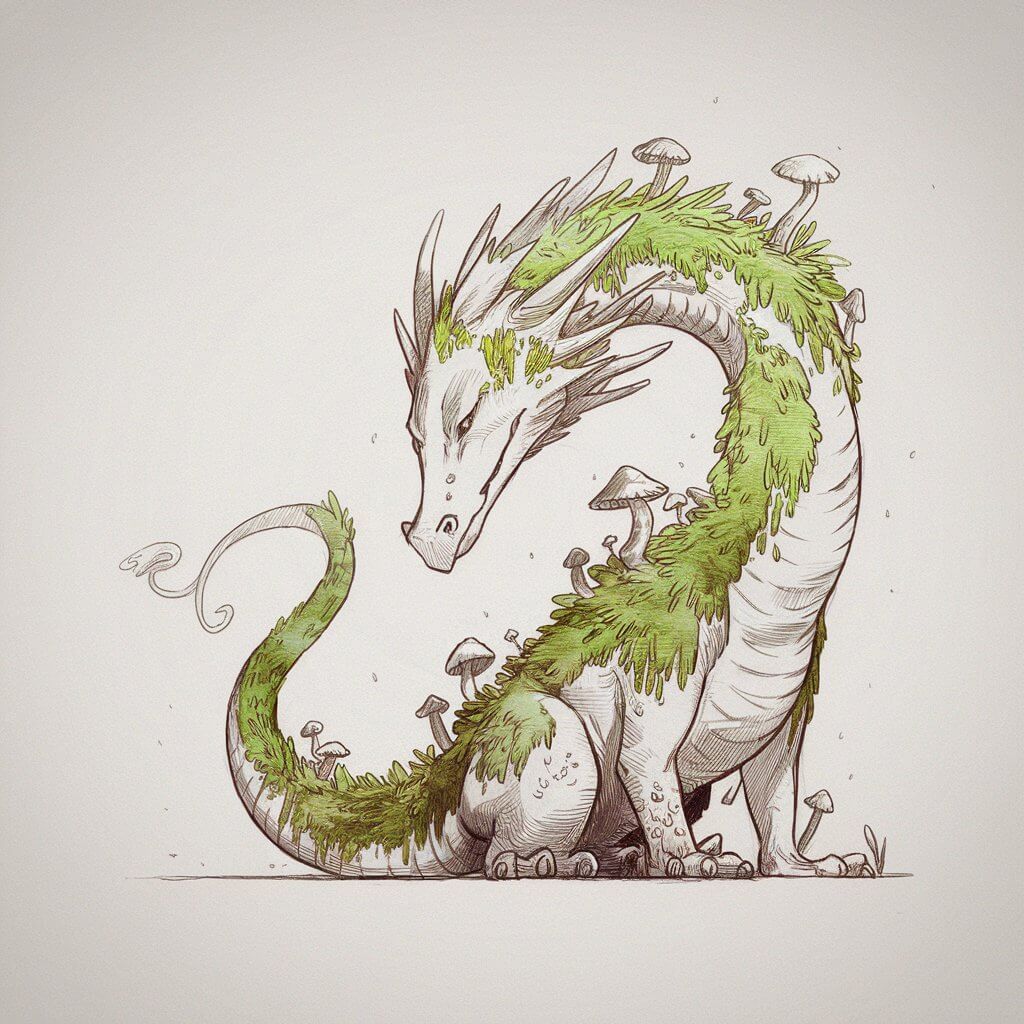 A minimalist pencil drawing of a dragon partially covered in moss and tiny mushrooms. The dragon has a peaceful, guardian-like expression and its tail gently curls like a forest path. The background is plain white.