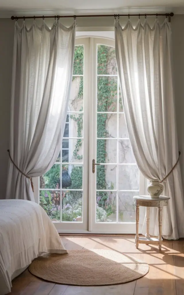 A photo of a serene bedroom bathed in soft, natural light. A large French door-style window dominates the scene, showcasing billowing white linen curtains gently swaying in a breeze, revealing "A Lush Garden" beyond. The window, with its elegant white-painted wood frames, offers a view of a vibrant garden where ivy climbs the stone exterior walls, creating a sense of enchanting tranquility. A vintage, round woven rug sits on the hardwood floor alongside an antique side table with a delicate porcelain lamp, completing the room's romantic and cottagecore aesthetic.