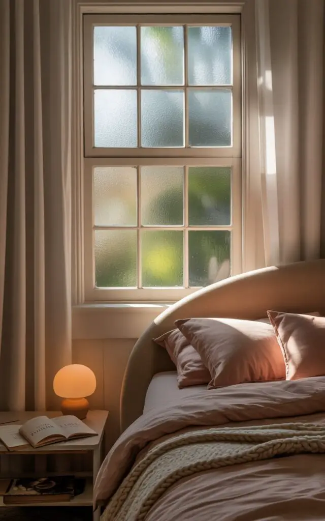 A photograph of a softly lit bedroom centered around a mid-sized window with frosted glass panes, letting in diffused daylight. The frosted surface gently glows, highlighting the matte white window frame and soft, opaque curtains, while a cozy upholstered bed with blush pink bedding and a hand-knit cream throw invites relaxation. A small wooden nightstand holds a ceramic lamp casting a warm light and an open book titled "Dreams" enhancing the restful vibe. The room exudes a calm and peaceful atmosphere, with subtle shadows dancing across the walls and a gentle sense of privacy.