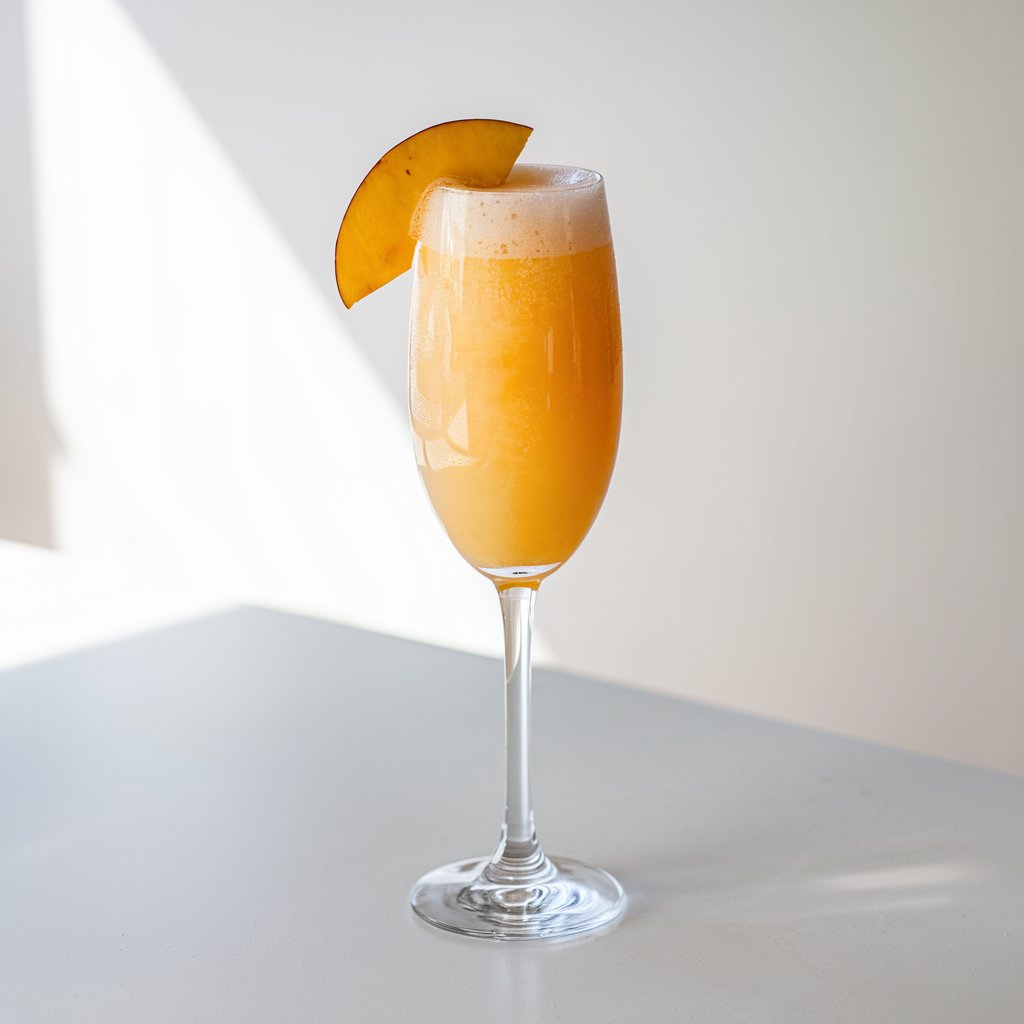 A tall champagne flute holds a frozen peach bellini with a softly slushy texture and a peachy-orange hue, topped with bubbly Prosecco foam. A thin peach slice perches delicately on the rim. The summer cocktail sits elegantly on a bright plain white kitchen countertop, illuminated by diffused natural light coming from the left.