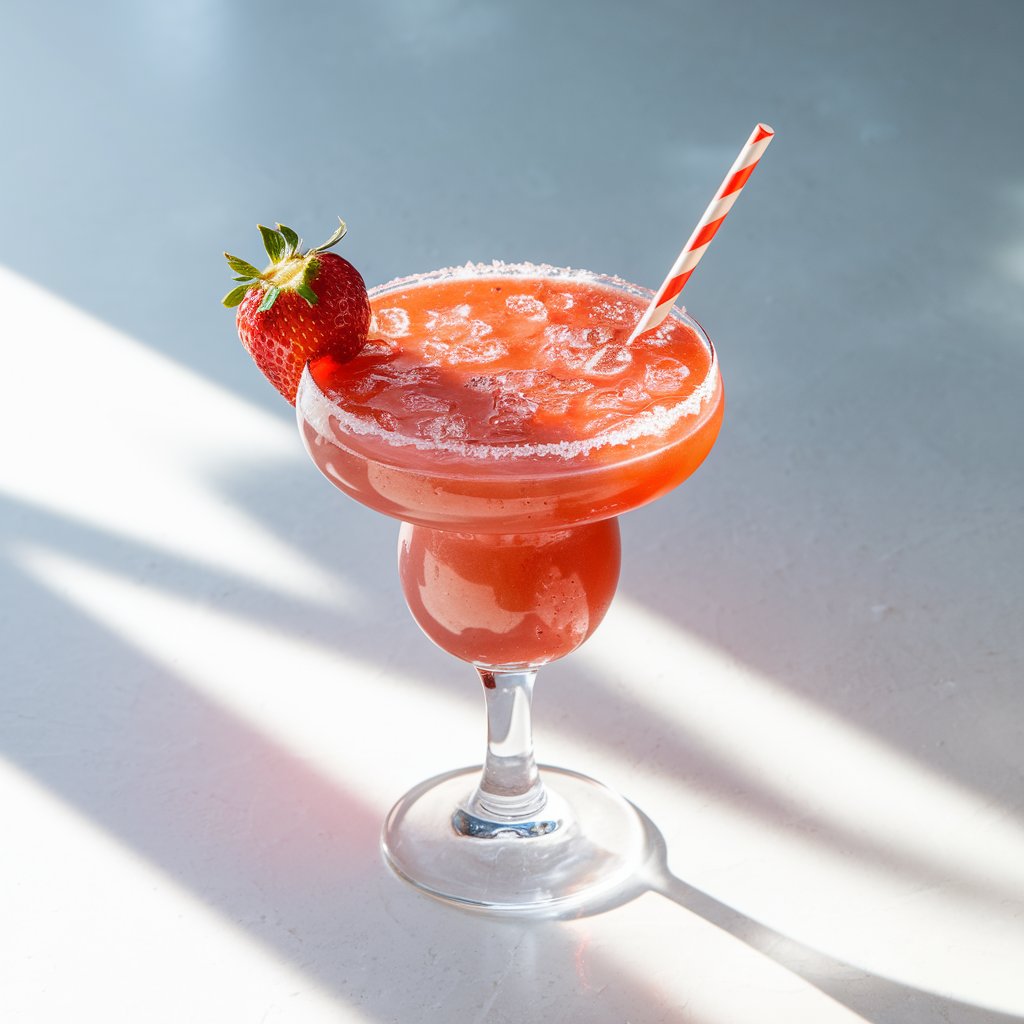 A photo of a wide, shallow margarita glass filled with a thick, bright red frozen strawberry daiquiri. The surface of the daiquiri is dotted with crushed ice crystals. A fresh whole strawberry is placed on the rim of the glass. A red-and-white striped straw is inserted into the daiquiri at an angle. The summer cocktail is placed on a bright plain white kitchen countertop, which is glowing under strong natural light.
