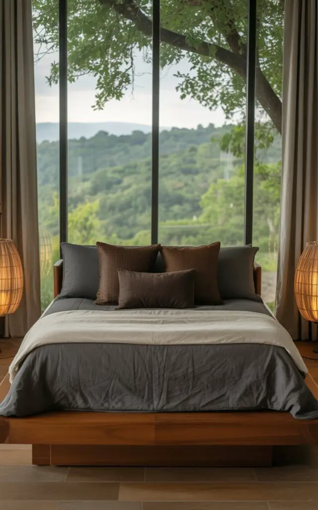 A photograph showcasing a supremely comfortable, modern bed centered within an expansive bedroom. The bed is draped in charcoal gray linen sheets and a minimalist cream-colored comforter, accented with several textured, deep brown lumbar pillows, resting on a polished dark wood frame. Floor-to-ceiling glass forms an uninterrupted accent wall, revealing a breathtaking panorama of rolling green hills and dense treetops just beyond, with soft gray curtains drawn back to fully display the view. Warm, diffused sunlight filters through the glass, illuminating the woven pendant lights hanging on either side of the bed and creating a peaceful, airy atmosphere.