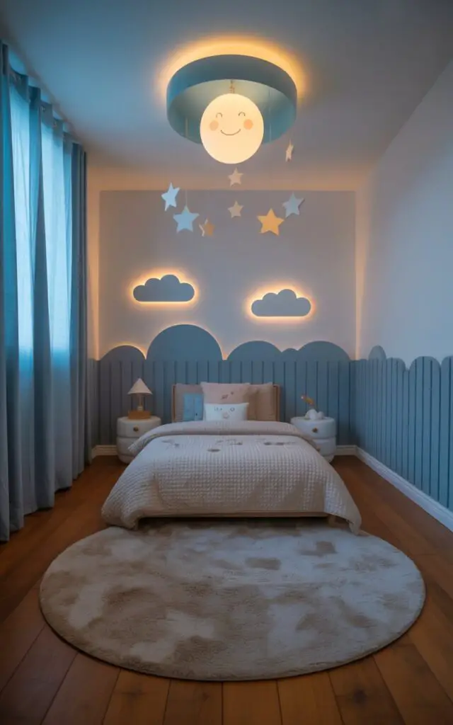A photograph of a cozy toddler bedroom bathed in soft, dreamy light. A plush, circular rug in a cream color sits centered on hardwood floors, highlighting the calming blue and white walls. Above the bed, a smiling moon and scattered stars hang from a whimsical ceiling light fixture, while cloud-shaped wall sconces cast a gentle glow, creating a serene and inviting space. The scene is filled with subtle textures and calming colors, perfect for relaxation and sweet dreams.