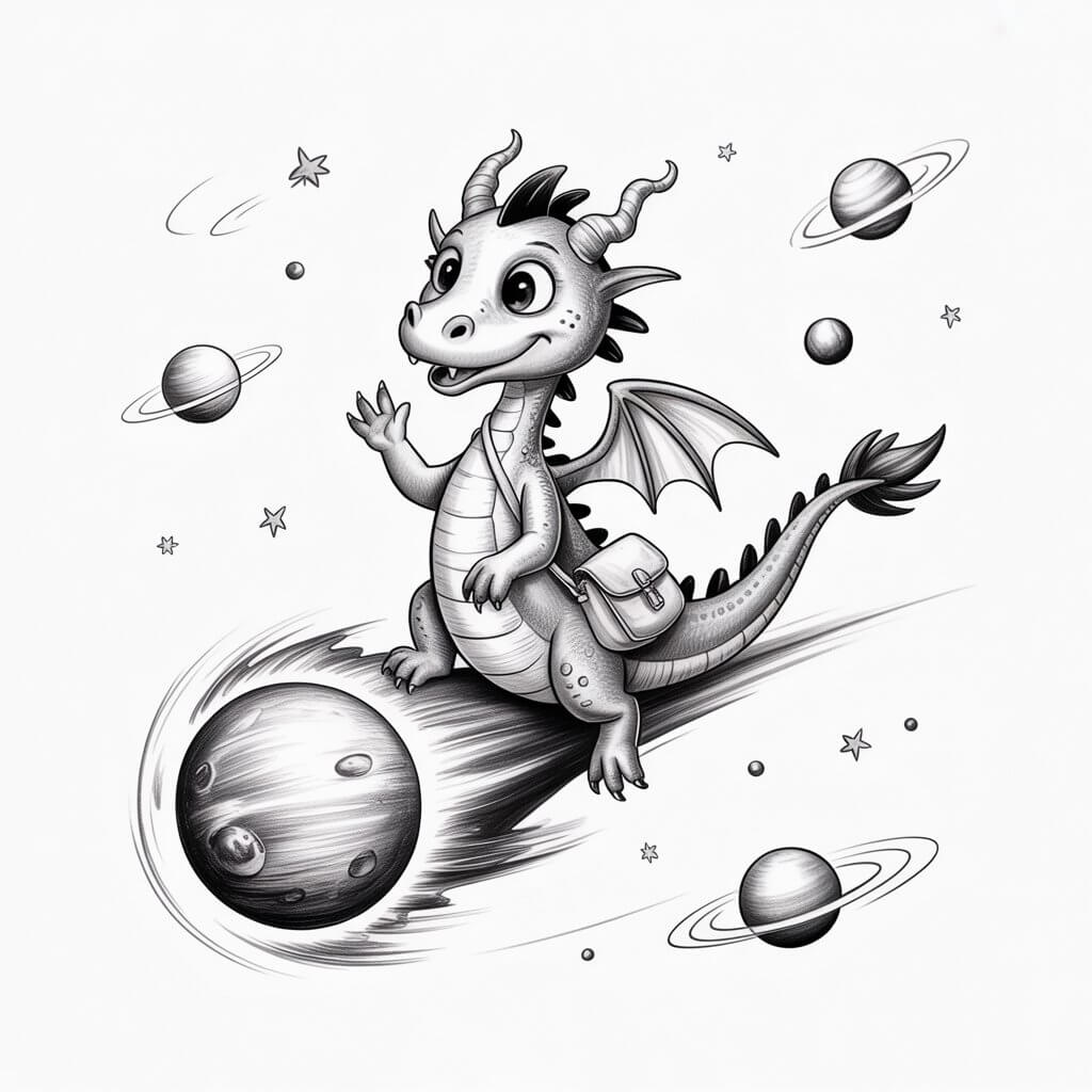 A delicate pencil drawing illustration depicting a friendly, whimsical dragon joyfully hitching a ride on a tiny comet against a plain white background. The dragon possesses large, expressive eyes, a playful grin, and a single waving claw, with a small satchel strapped to its side suggesting a cosmic traveler. Several small, clean circles representing planets and stars, along with faint orbital rings, gently drift around the dragon and comet, while the dragon’s tail is playfully wrapped around the comet’s head, indicating companionship. Soft, diffused lighting highlights the dragon's features and adds a sense of warmth to the otherwise understated scene.