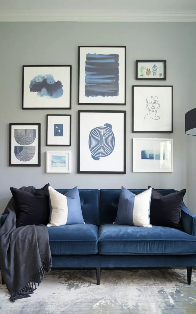 A photo of a blue and grey living room with a curated gallery wall above a dusty blue velvet sofa. The wall behind is painted in a soft, medium grey. The gallery wall features a mix of blue-toned artwork, including watercolor washes, graphic prints, and minimalist line drawings. Each piece has a cool-toned palette and is framed in black or white. A charcoal throw and two-tone pillows on the sofa echo the artwork's colors, creating a cohesive and personal look.