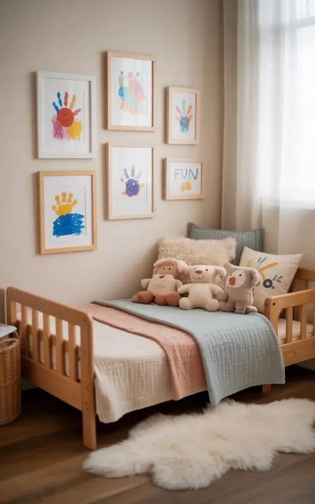 A photograph of a charming toddler bedroom, showcasing a thoughtfully arranged gallery wall as its central focus. The gallery wall is perfectly positioned at toddler height, displaying a collection of brightly colored finger paintings and preschool crafts framed in simple white wooden frames; one painting reads "FUN".  A cozy toddler bed with layered soft blankets in shades of cream and pale blue sits adjacent to the wall, accented by several plush animal pillows and a fluffy sheepskin rug placed beneath. Soft, diffused natural light streams in from a nearby window, creating a warm and inviting atmosphere within the room.