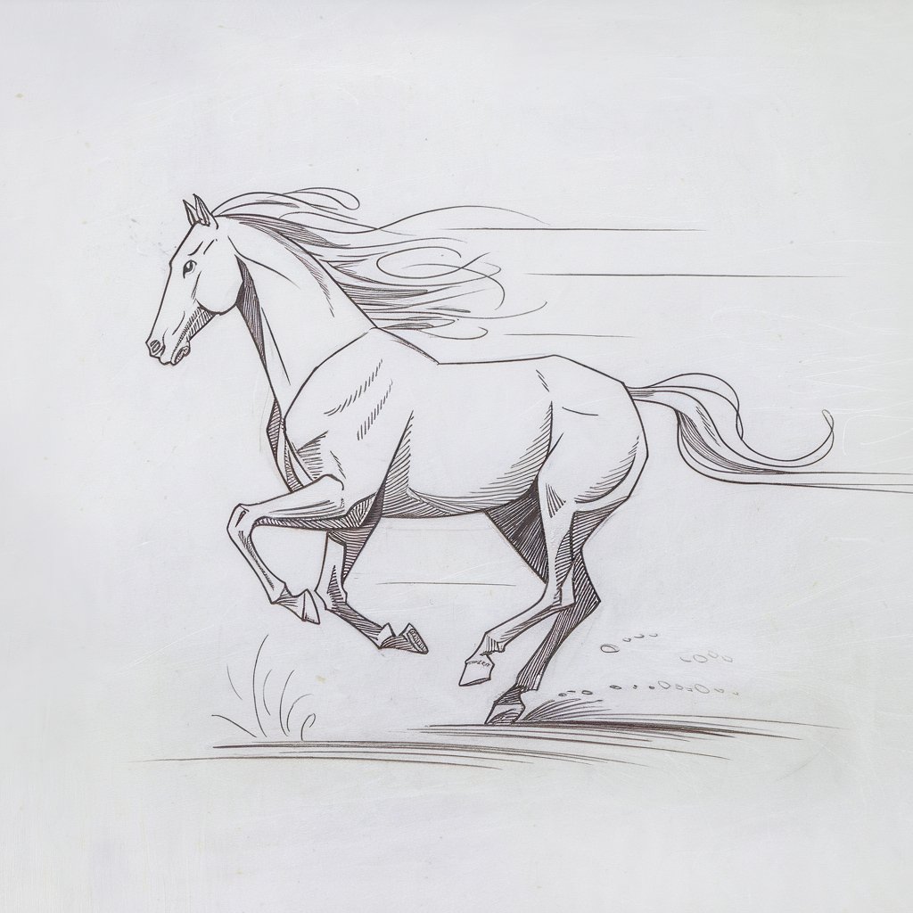 A minimalist, plain white background pencil drawing illustration of a horse in full gallop, captured mid-stride with all four legs elevated off the ground. The horse is drawn in a simplistic style, using fluid, confident lines to convey speed and motion. The mane flows backward in thin, sweeping strokes, giving a sense of wind and velocity. The tail is similarly sketched with long, curved lines trailing behind the horse’s body. Light shading beneath the hooves subtly suggests ground impact without disrupting the clean white background. The horse's muscles are suggested with a few deliberate lines, keeping the form lean yet dynamic.