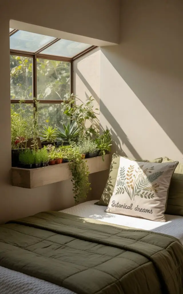 A photograph of a serene bedroom interior centered around a unique garden window nook. The garden window, constructed of glass panels and protruding slightly from the wall, displays a thriving collection of small potted herbs and trailing succulents basking in sunlight. Beside the window, a cozy bed is dressed with organic cotton sheets, an olive green quilt, and a botanical print pillow featuring "Botanical Dreams" embroidered on the corner, inviting relaxation. Soft natural light filters through the window, illuminating the room with earthy textures and casting gentle shadows on the walls creating a tranquil, restful garden retreat.
