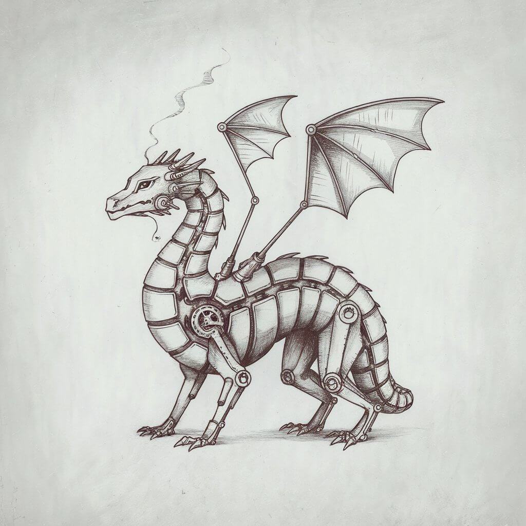 A minimalist, plain white background realistic pencil drawing illustration of a steampunk-inspired dragon with exposed gears and two mechanical wings. The dragon is drawn in an expert style, featuring a segmented body outlined with confident strokes. Tiny cogwheels are scattered across its joints, and light cross-hatching adds metallic texture. The dragon has four legs. The wings are assembled from simple fan-like blades, and a thin pipe runs along its neck, venting faint wisps of steam. Despite the tech elements, the dragon retains a clean silhouette, with every detail pared down to its essentials.