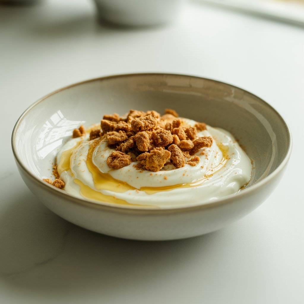 A photograph of a yogurt bowl presented in a wide, matte white ceramic dish. Inside sits a thick swirl of creamy vanilla yogurt, generously topped with coarsely crumbled golden-brown gingersnap cookies and a delicate drizzle of clear honey. A fine dusting of ground ginger adds a subtle warmth to the surface, while the bowl rests on a bright, clean white kitchen countertop bathed in soft, diffused natural light. Gentle shadows are cast by the cookie crumbles, creating subtle textures and depth within the simple composition.