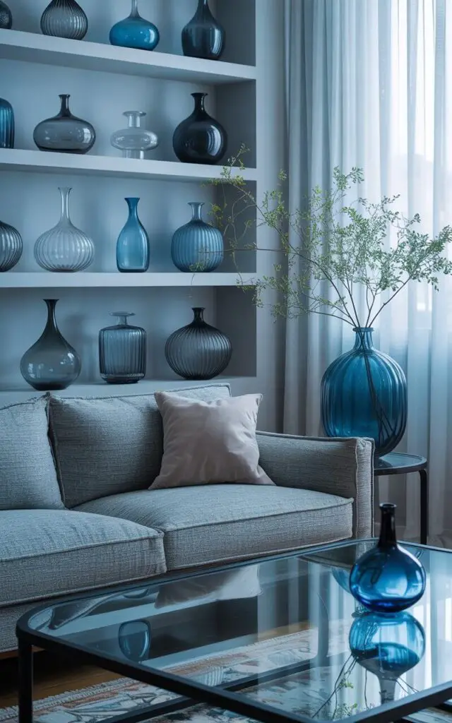 A photograph of a serene blue and grey living room, centered around a plush heather grey sofa. The sofa sits beneath open shelving displaying a curated collection of blown-glass vases in varying shades of blue and grey, each catching the light and creating shimmering reflections. Beside the sofa, an oversized bottle-blue vase holds delicate branches, while a glass coffee table reflects the elegant display, all set against soft dove grey walls illuminated by a diffused, natural light streaming through sheer curtains. The scene evokes a sense of calm, modern elegance with a touch of artisanal warmth.