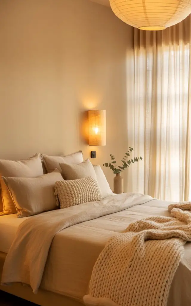 A photograph of a luxuriously made bed as the central focus within a serene beige bedroom. The bed is draped in soft sand-colored linen sheets, a chunky knit throw blanket, and several plush pillows, illuminated by the gentle glow of ambient light. Wall sconces with linen shades cast a warm golden hue, while a paper lantern overhead diffuses soft light across the room, revealing translucent curtains and minimal decor. A single vase with a few sprigs of eucalyptus sits on a nightstand, enhancing the feeling of calm tranquility within the well-lit and cozy space.