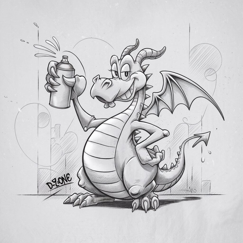 A minimalist, plain white background pencil drawing illustration of a dragon with a spray can in one claw and a cheeky grin. The dragon is drawn in a simplistic style, with exaggerated, cartoon-like features and a confident pose. Light sketch lines form splatters and shapes on an imaginary wall behind it. The wings are pulled back, and a few spray droplets float midair. A small tag-like signature near its feet reads "D-ZONE." Subtle shading adds energy while preserving the clean, uncluttered design.