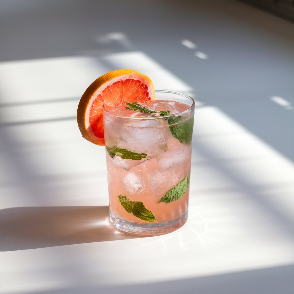 A photo of a minimalist highball glass filled with a pale pink summer cocktail. The cocktail contains ice cubes and torn mint leaves floating throughout. A large grapefruit wheel clings to the rim of the glass. The drink is placed on a bright plain white kitchen countertop. Soft natural light streams across the countertop, casting shadows and highlights.