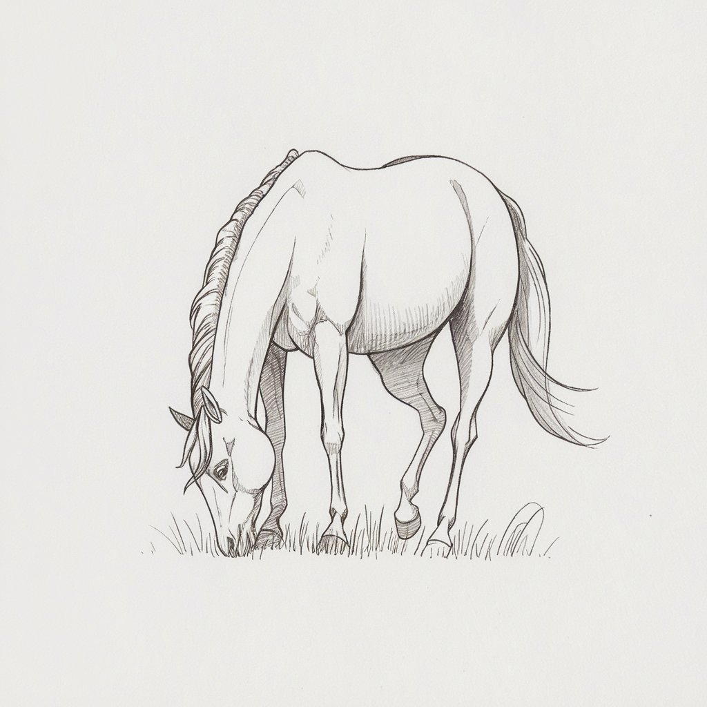 A minimalist, plain white background pencil drawing illustration of a horse calmly grazing, head lowered to the ground. Drawn in a simplistic style, the horse's posture is relaxed, with its front legs slightly bent. Short, smooth pencil lines form the shape of its back and flank, while its tail hangs gently downward in soft waves. Sparse texture on the mane and a few curved strokes around the muzzle convey softness and focus. No grass is drawn, keeping attention on the serene stance of the horse, beautifully centered against the plain white background.