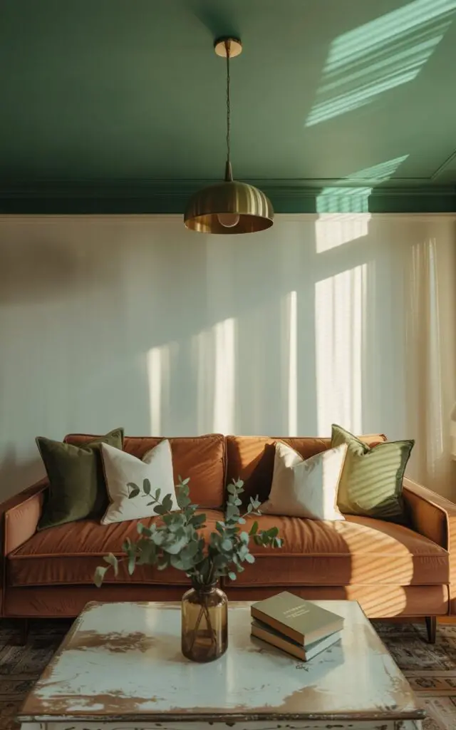 A photograph of a living room centered around a rich, velvety green painted ceiling. Below the striking ceiling sits a plush mocha velvet sofa adorned with olive and ivory throw pillows, inviting relaxation. Warm white walls create a soft contrast to the ceiling, while a brass pendant light hangs above, casting intricate shadows across the glossy surface. A distressed wood coffee table displaying a vase of eucalyptus and a stack of books completes the scene, bathed in soft, natural light, creating a dramatic yet cozy atmosphere.