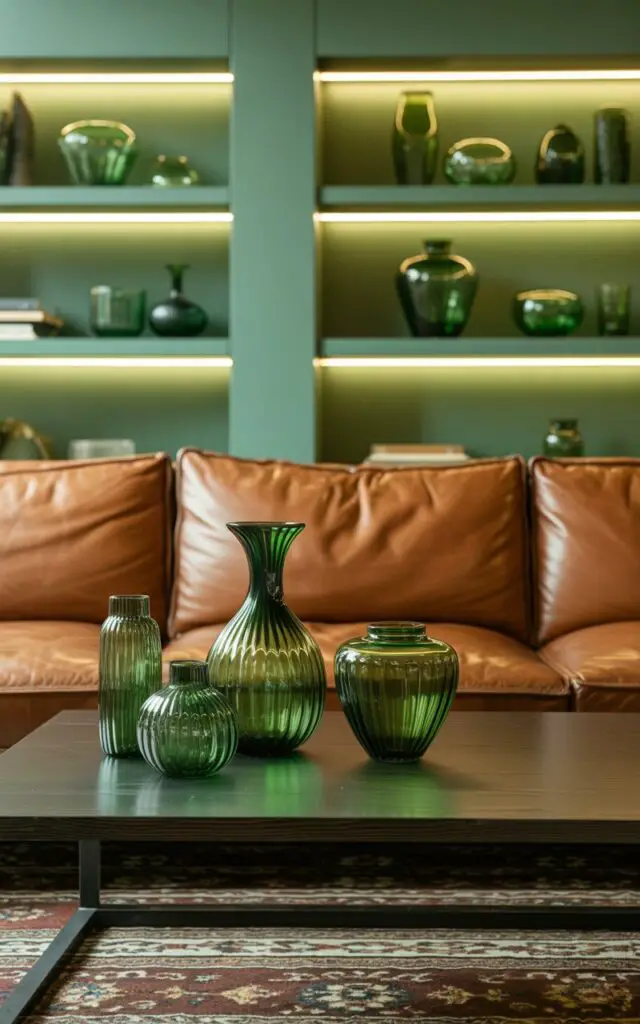 A photograph of a cozy living room bathed in soft, ambient light, dominated by a plush tobacco-brown leather sofa. The sofa faces a sleek, dark wood coffee table adorned with an artful arrangement of hand-blown green glass vases of varying shapes and sizes, alongside matching candle holders and a tall, emerald-green jug. Walls painted a mellow sage green feature open shelving displaying further green glass decor, all softly illuminated by integrated LED lighting, creating a calming and jewel-like atmosphere. A patterned rug with subtle brown and green tones anchors the space, enhancing the room's inviting warmth and reflective beauty.