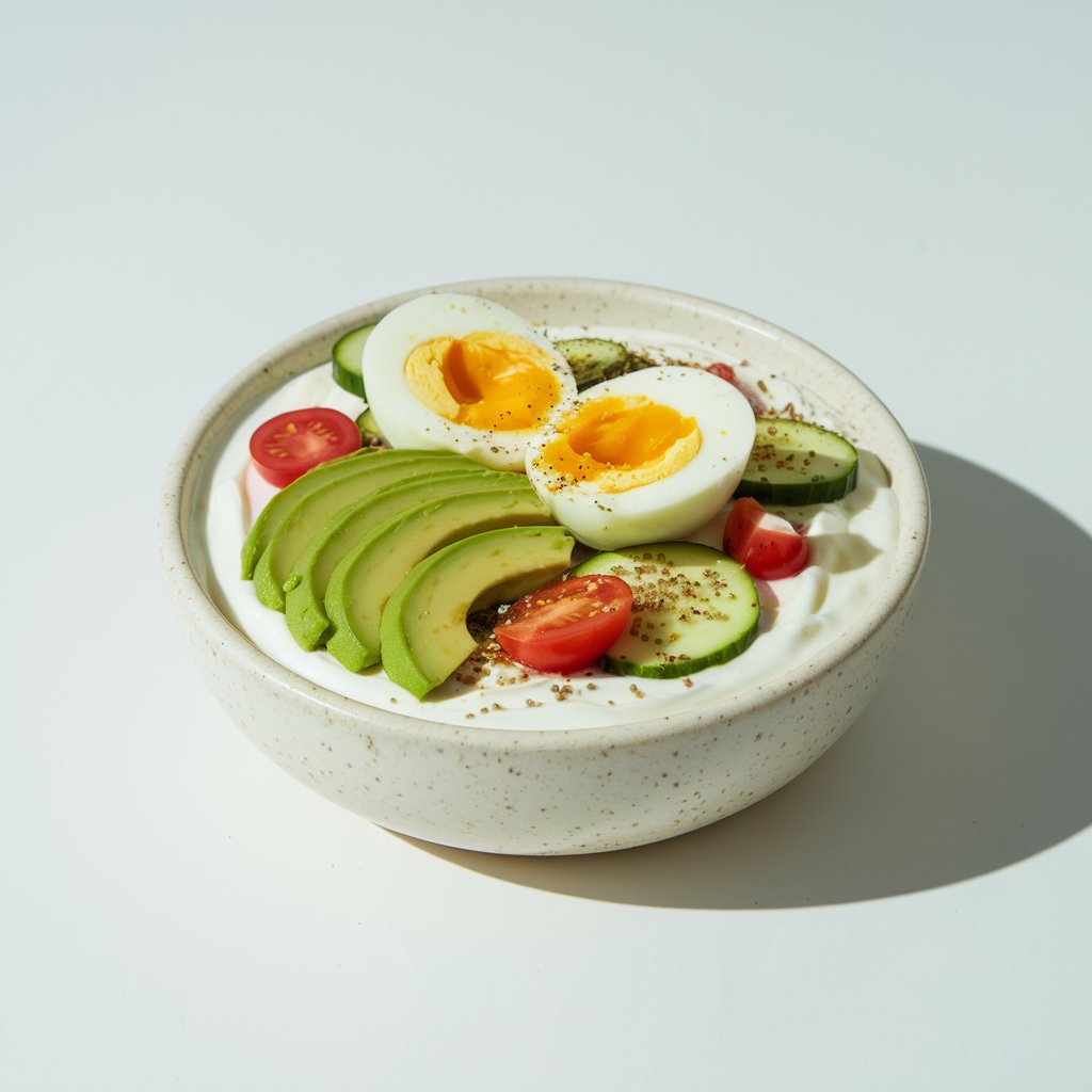 A wide, modern stoneware bowl filled with thick Greek yogurt is styled as a yogurt bowl. The yogurt is topped with avocado slices, halved cherry tomatoes, cucumber rounds, and a dusting of everything bagel seasoning. A perfectly cooked soft-boiled egg sits on top, halved to reveal its golden yolk. The bowl is placed on a bright plain white kitchen countertop, lit with crisp natural light that enhances the green hues and glossy textures of the avocado and egg yolk.