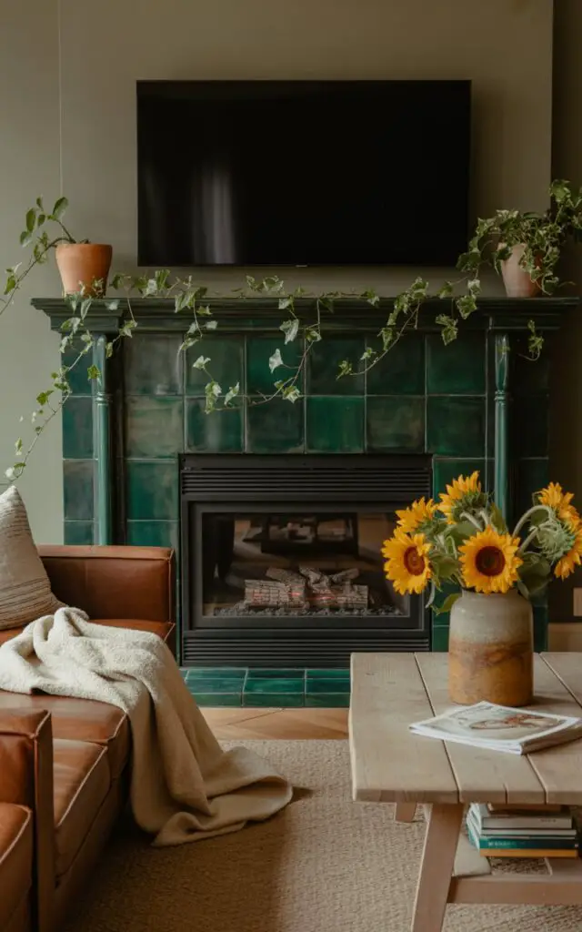 A photograph of a cozy living room bathed in soft, natural light, centering on a deep jade green-tiled fireplace. The fireplace is flanked by a plush espresso-brown leather sofa with a casually draped cream-colored wool throw, and a weathered wood coffee table holding a ceramic vase filled with vibrant sunflowers. A large, black television rests above the mantle adorned with cascading ivy in terracotta pots, while the walls are a muted mushroom tone, creating a warm and inviting atmosphere. The scene evokes a sense of tranquility and comfortable living.