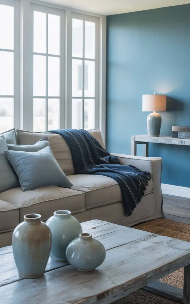 A photograph of a serene coastal-inspired living room with a calming blue accent wall. A comfortable, oversized sofa upholstered in soft grey linen anchors the space, featuring several pale blue pillows and a cozy navy striped throw blanket draped across the back. In front of the sofa rests a grey-washed reclaimed-wood coffee table displaying two ceramic vases in muted sea-glass blues and warm greys, while wide-plank grey-washed wood floors lead to a console table with a simple, modern lamp. Natural light streams through large windows, softly highlighting the textures of the wood and fabrics and creating a peaceful atmosphere.