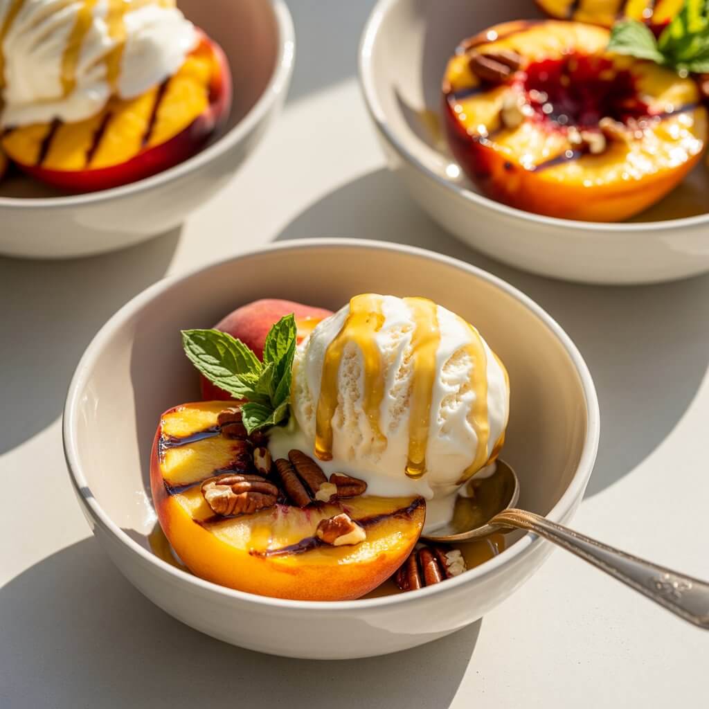 A photograph of halved peaches, marked with grill lines, presented in shallow white ceramic bowls. Each bowl contains a generous scoop of creamy vanilla ice cream slowly melting and drizzled with golden honey, and finished with scattered crushed pecans and fresh mint leaves. The caramelized peaches display a deep golden hue with crisp edges, reflecting the warm directional sunlight bathing the bright white kitchen countertop. A silver spoon is partially submerged in one of the bowls, suggesting an invitation to savor these elegant "Memorial Day" desserts.