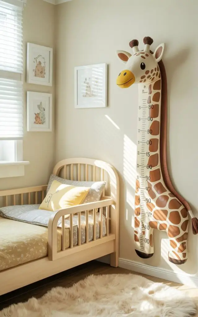 A photograph of a charming toddler bedroom showcasing a unique growth chart shaped like a friendly giraffe. The giraffe growth chart, adorned with soft brown and beige markings, is mounted on a light cream-colored wall beside a cozy toddler bed, its measurement markings clearly visible. The bed is dressed with pale yellow and grey patterned bedding, complemented by a plush cream-colored rug and framed artwork depicting playful woodland creatures on the walls. Soft, diffused sunlight streams in from a window, casting a gentle glow across the room, creating a warm and inviting atmosphere.