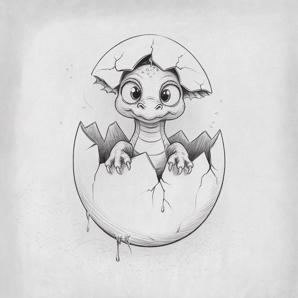 A minimalist, plain white background pencil drawing illustration of a tiny baby dragon emerging from a cracked egg. The dragon is drawn in a simplistic style, with oversized eyes peeking out curiously and a small snout pushing through the jagged shell. Cracks are lightly etched around the egg’s opening, giving the illusion of fragility. The dragon’s claws and head are softly rendered, while the rest of its body remains half-hidden inside the shell. Subtle shading adds dimension to the egg’s curve, and a few gooey drips are drawn with simple lines for texture.