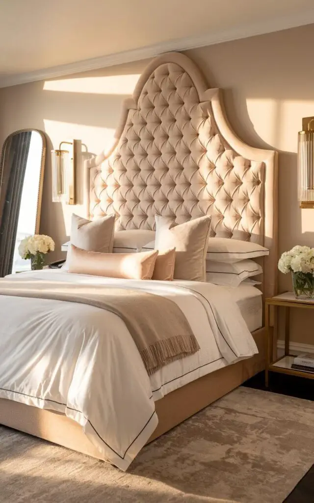 A photo of a glamorous five-star hotel room with a beige bedroom centered around a bold tufted headboard in a velvety beige fabric with a dramatic arched silhouette. The cozy bed is styled with layers of crisp white and tan linens, neatly arranged pillows, and a cashmere throw. The room is well decorated with brass sconces flanking the headboard, a vintage-style mirror leaning against the wall, and a plush rug that echoes the headboard’s texture. Subtle lighting casts warm shadows, enhancing the regal yet approachable vibe of the space.