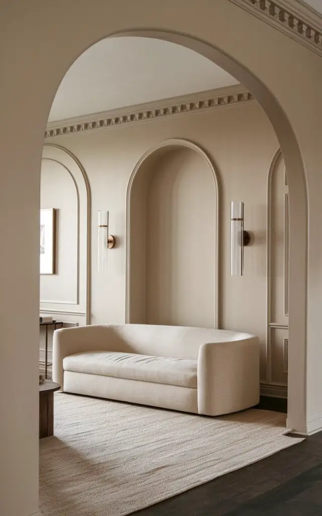 A photo of a refined beige living room with architectural features. A cozy sofa in soft fawn-beige sits beneath a dramatic arched opening that leads to an adjoining space. The arch is painted in a slightly darker beige than the walls, subtly calling attention to its graceful curve. Picture-frame molding on one wall adds elegant structure. A textured rug and low-profile furniture let the bones of the room shine. Bronze sconces and minimalist art keep the look elevated and balanced.