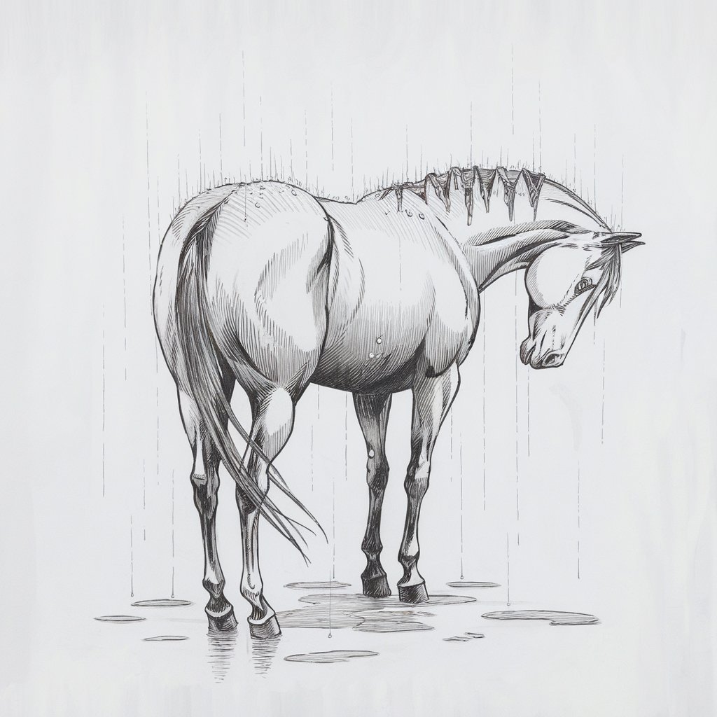 A minimalist, plain white background pencil drawing illustration of a lone horse standing still as light rain falls. The coat appears damp, rendered with short, repetitive strokes along the back and shoulders. The horse's head droops slightly, and the ears tilt back. Fine vertical lines suggest rainfall, while faint puddles beneath the hooves add context. The mane sticks to the neck in clumped sections, and a light curve in the posture conveys a subtle shiver. The quiet emotion of the moment stands out clearly against the plain white background.