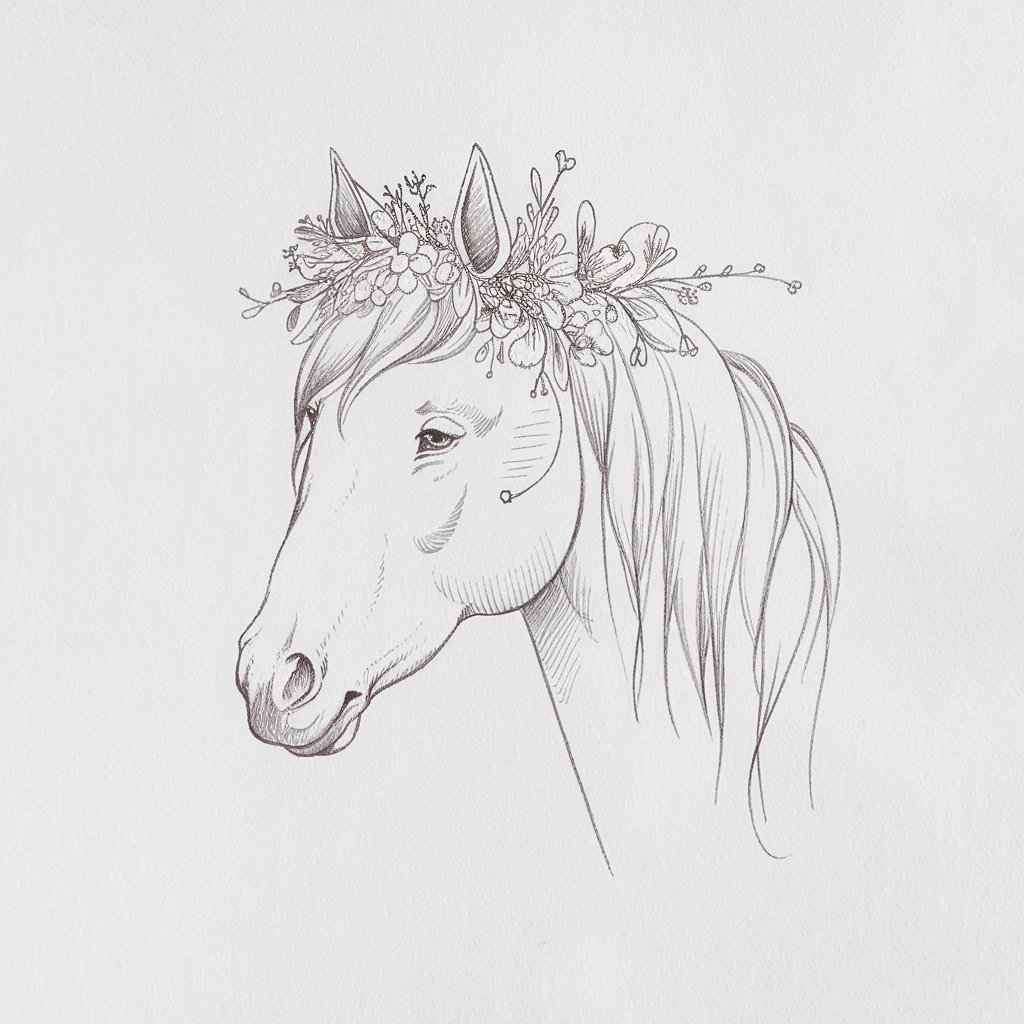 A minimalist, plain white background pencil drawing illustration of a gentle horse wearing a delicate crown of wildflowers. The horse's face is soft and expressive, with a slight downward gaze. The flower crown is composed of tiny, lightly sketched blooms and leaves that rest above its ears, each petal detailed with fine loops and dots. The mane cascades around the crown in long, gentle strokes. Subtle shading on the cheek and neck adds quiet dimension, and the floral elements contrast tenderly with the stark plain white background.
