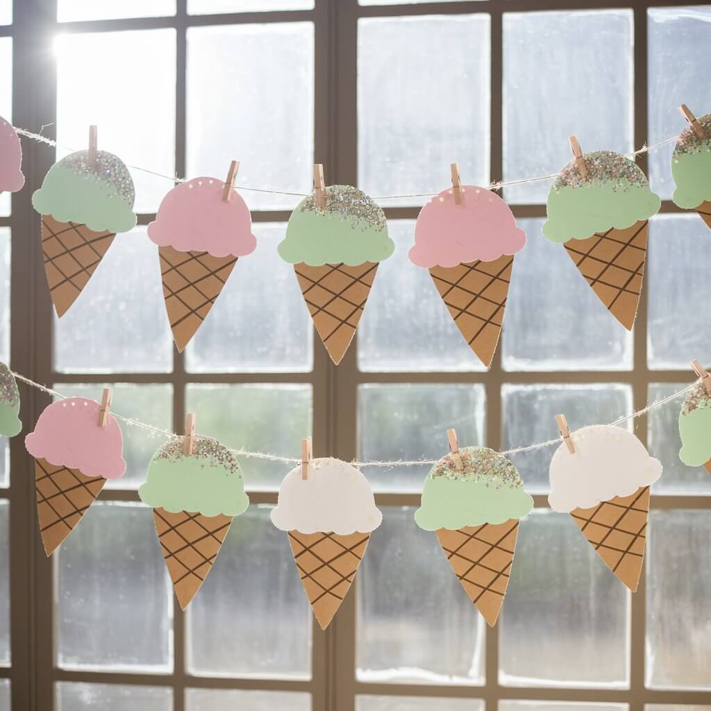 A photo of a whimsical ice cream cone garland hanging across a sunny playroom wall. Each "scoop" is made from pastel-colored construction paper—mint green, bubblegum pink, vanilla white—cut in semi-circle shapes and topped with glitter "sprinkles." The cone portion is a tan triangle with crisscross marker lines to mimic texture. Scoops are stacked and glued together, then attached with string and tiny clothespins to form a garland. Behind the garland, sunbeams stream through a large window, casting soft light over the garland.