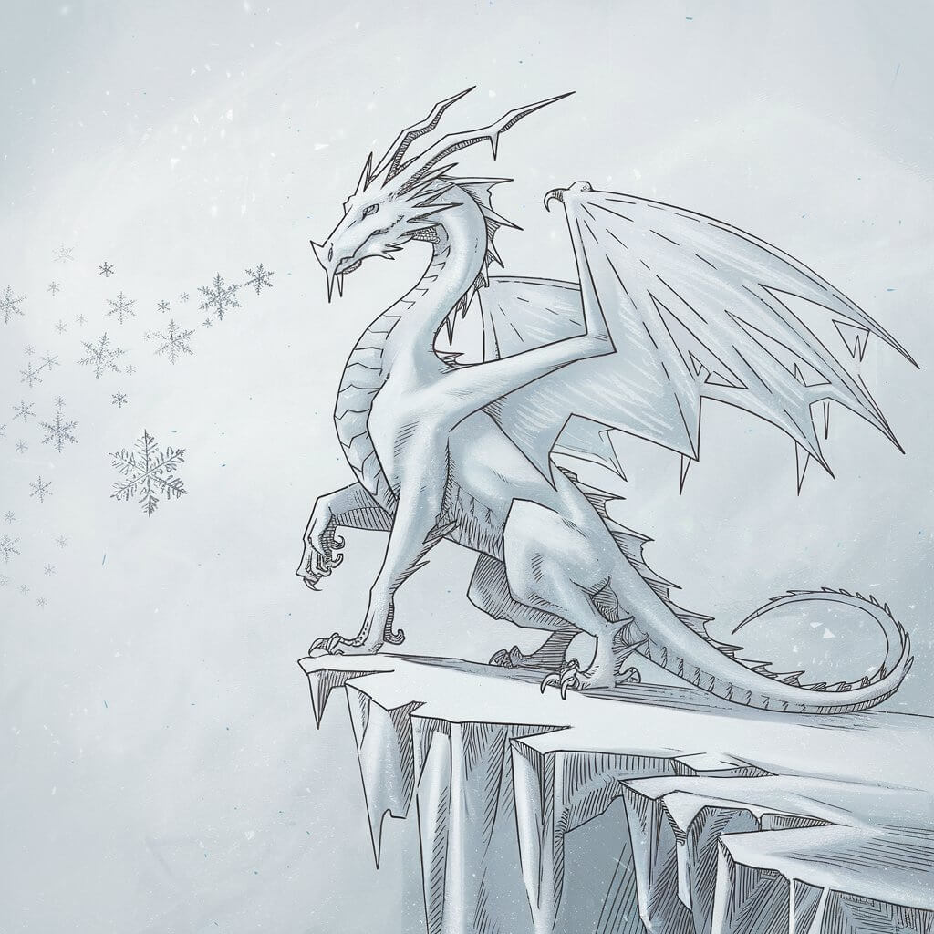 A minimalist, plain white background pencil drawing illustration of a dragon standing in a regal pose on a snowy cliff. The dragon has icicle-shaped horns and frost-covered wings. The dragon is drawn in a simplistic style, with smooth, cool lines outlining its elegant form. Sharp triangular marks on the wings resemble frost patterns, and its claws are slightly embedded in the sketchy snow. A soft snowflakes from its breath drifts forward, lightly shaded to capture the chill. The minimalism preserves the icy, still atmosphere.