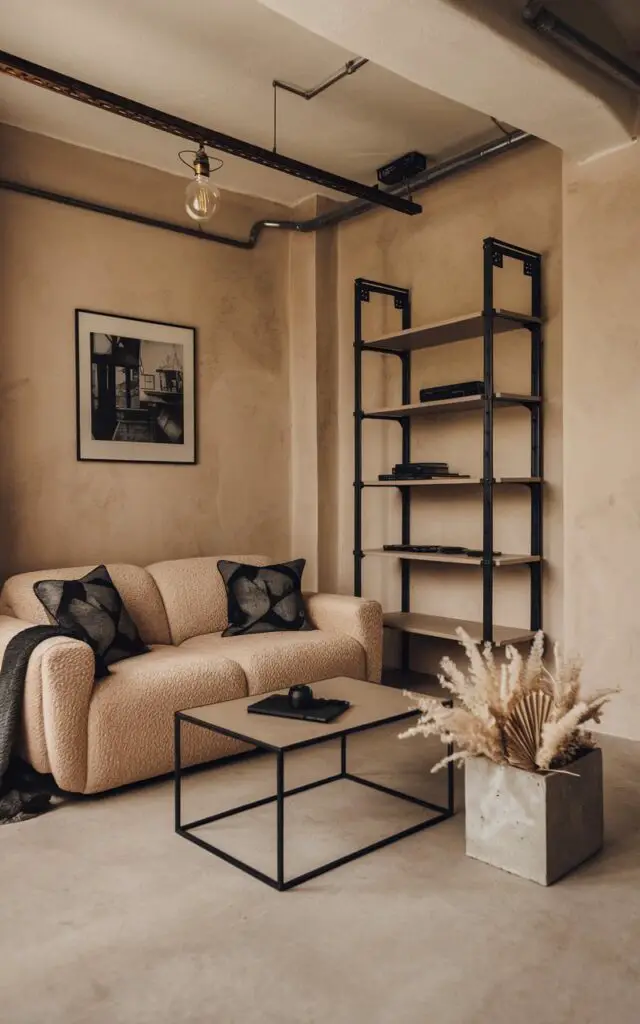 A beige living room with an industrial edge. There is a beige fleece sofa with a black metal minimalist coffee table, an iron-framed bookshelf, and industrial-style lighting. The beige walls have a plaster-like texture. There is a black-and-white photograph hanging above the sofa and charcoal-toned throw pillows. A concrete planter with a dried pampas arrangement is placed on the floor. The room has a cozy ambiance with a touch of urban feel.